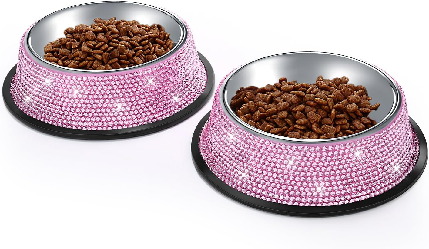 Bling Dog Bowls Pink, 640ML Handmade Bling Rhinestones Stainless Steel
☛[ Handmade Rhinestones &amp; Large Capacity ] - Our Cat Bowls are made of Handmade Sparkling Rhinestones Material ,640ml in total Capacity (320ml for each bowl)
☛[Bling Dog Bowls Pink, 640ML Handmade Bling Rhinestones Stainless Steel Pet Bowls Double Food Water Feeder
