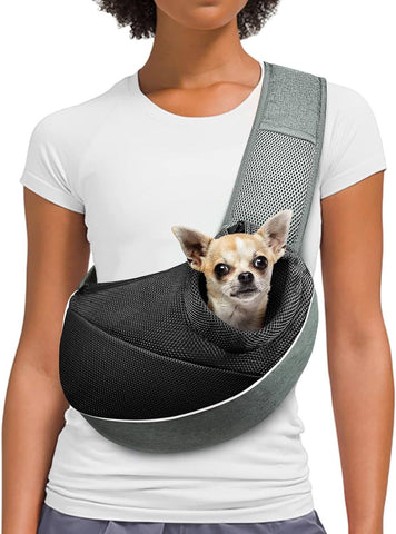 Dog Cat Sling Carrier, Adjustable Padded Shoulder Strap, with Mesh Pocket for Outdoor Travel (S - up to 4 Lbs, Black - Black)