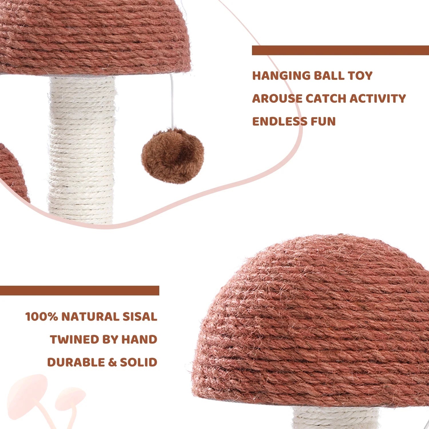 2 Mushrooms Cat Scratching Post 19" Sisal Claw Scratcher for Kittens a
 A cute mushroom-shaped scratcher, a cat scratching post toy and a home decor. 2 Sisal covered scratching posts in different heights would satisfy cats' different spets2 Mushrooms Cat Scratching Post 19" Sisal Claw Scratcher